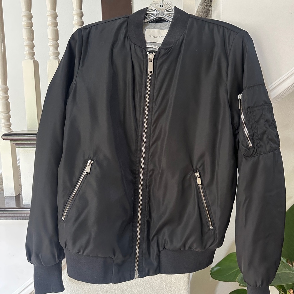 Babaton Black Bomber Jacket with Ribbed Collar and Matte Finish